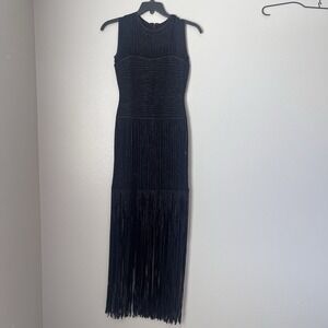 Women's Large Black Fringe Midi Dress Formal Long Open Work‎ Sheer Crew Neck
